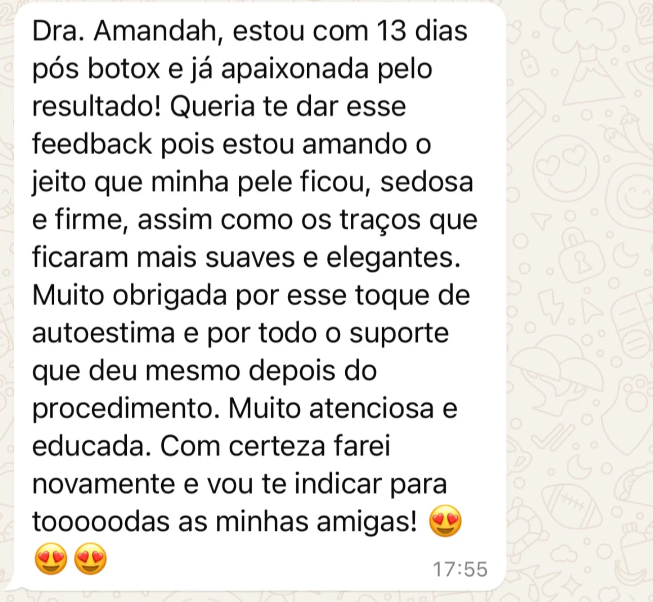 Print de mensagem no WhatsApp em que uma paciente comenta o resultado 13 dias após o botox