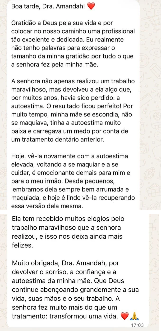 Print de mensagem no WhatsApp em que a filha de uma paciente agradece o tratamento da mãe